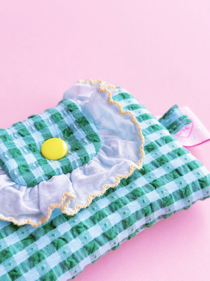 Green Gingham Ruffles Card Holder | Handmade Padded Snap Wallet