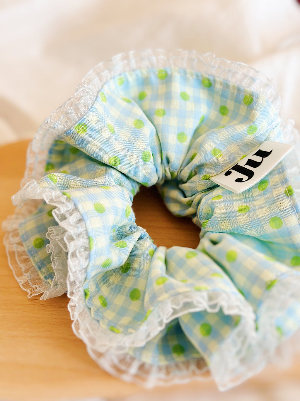 Jumbo Blue Gingham&Polka dot Scrunchies