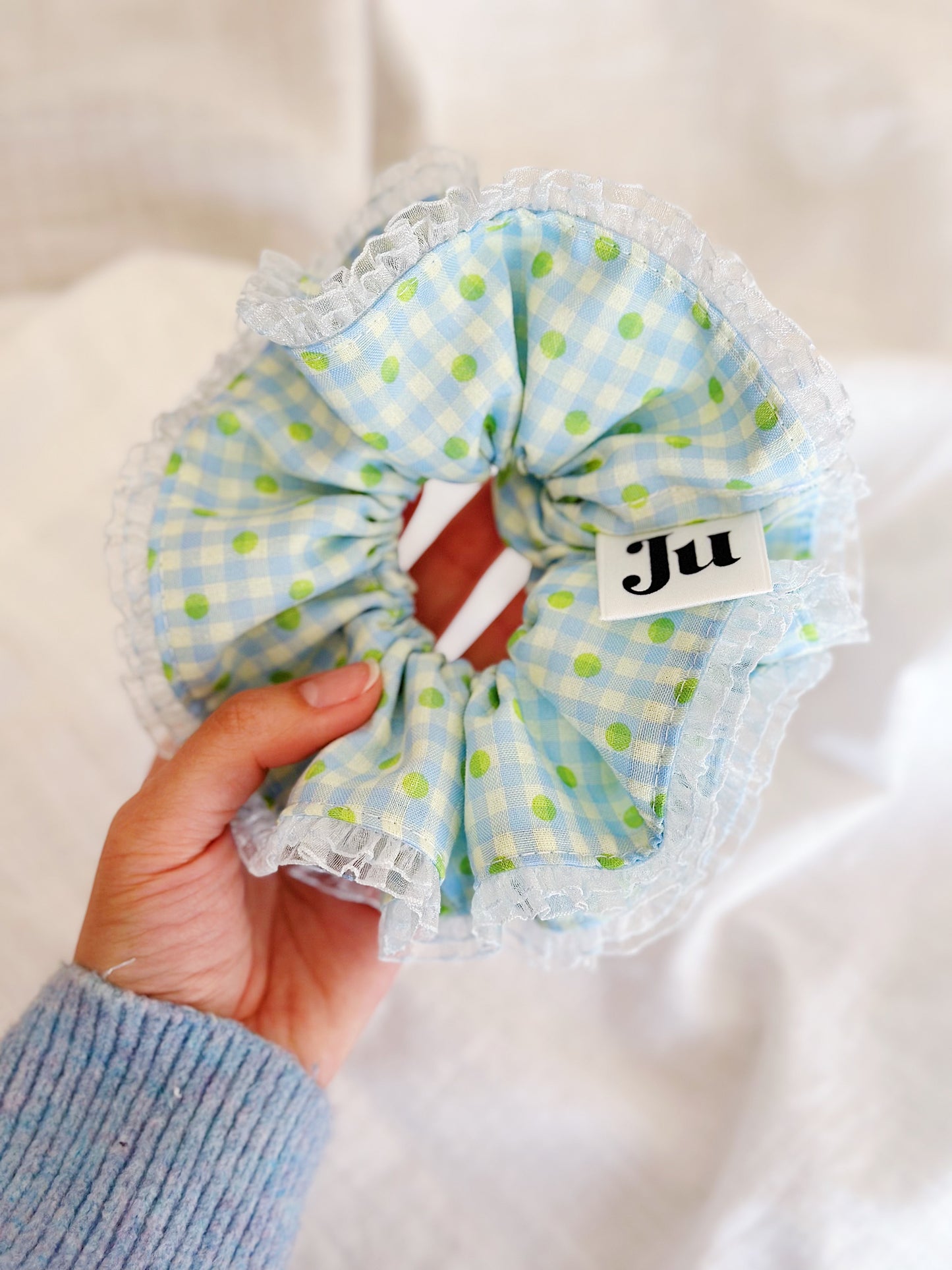 Jumbo Blue Gingham&Polka dot Scrunchies