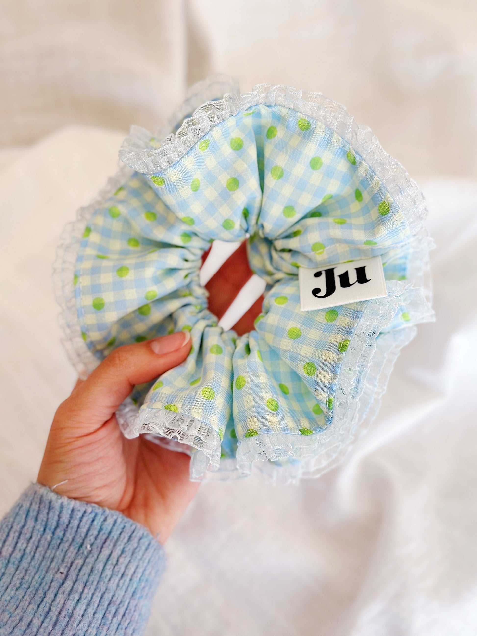 Jumbo Blue Gingham&Polka dot Scrunchies