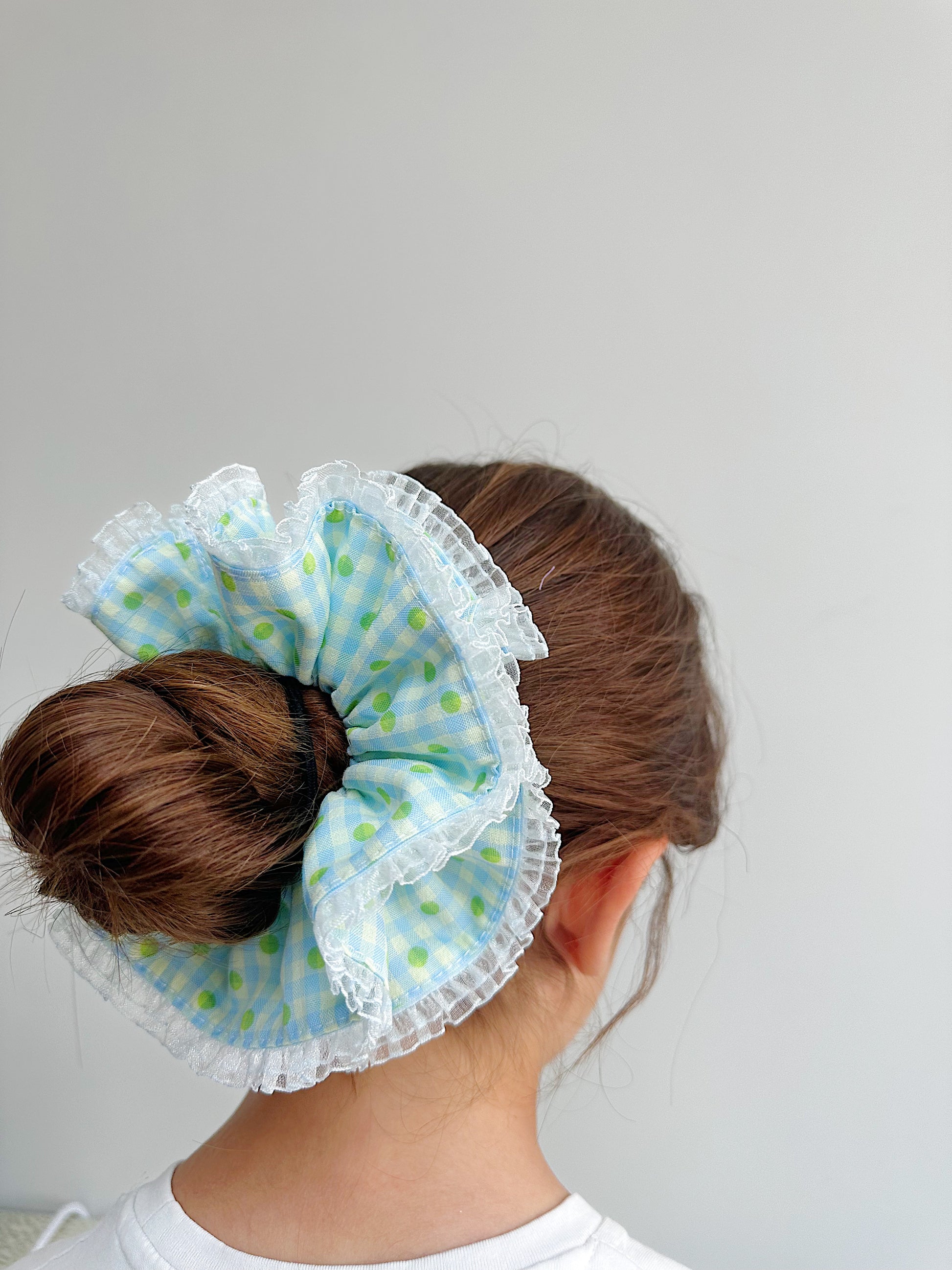 Jumbo Blue Gingham&Polka dot Scrunchies
