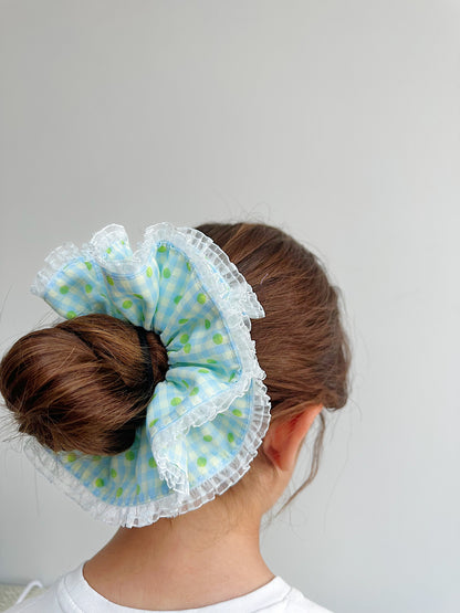 Jumbo Blue Gingham&Polka dot Scrunchies