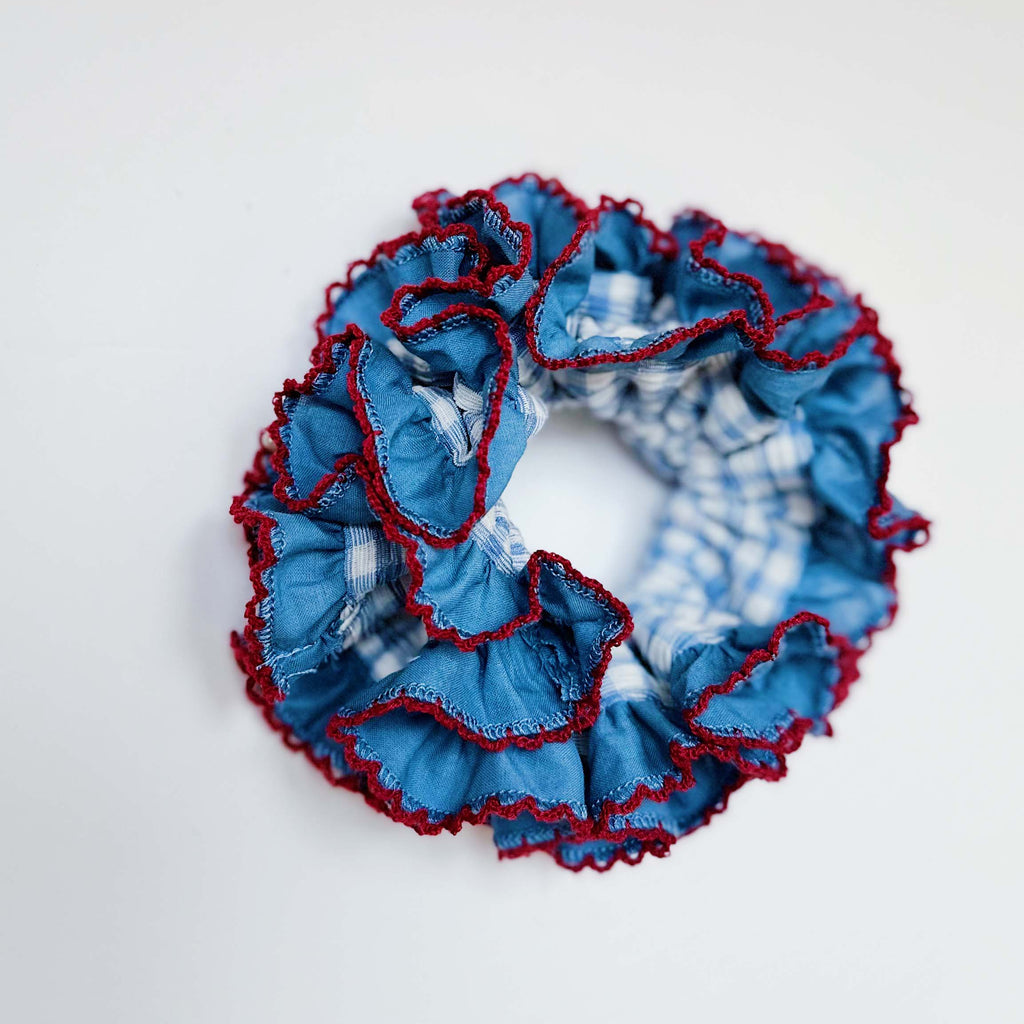 Vintage Blue Gingham Frilly Scrunchies