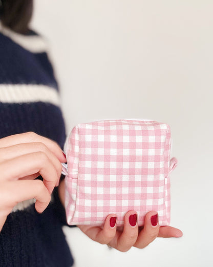 Pink Gingham cube Zipper Pouch | Square make up Bag