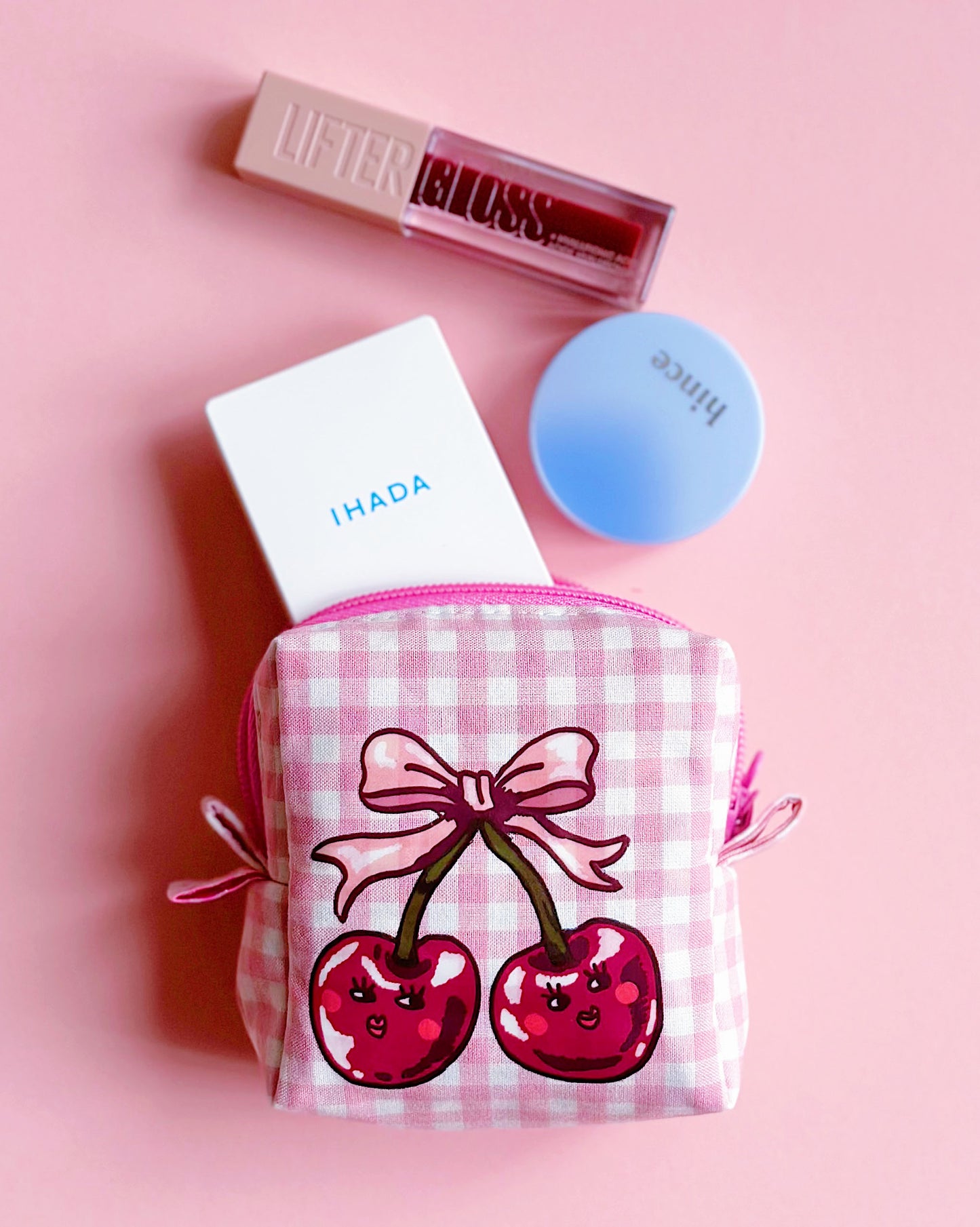 Cherry Dreams Quilted Zipper Pouch – Pink Gingham Edition