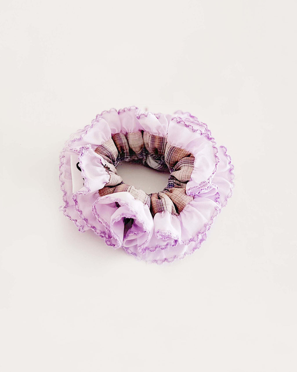 Lavender Frost Gingham Scrunchie – Festive Pastel Hair Tie
