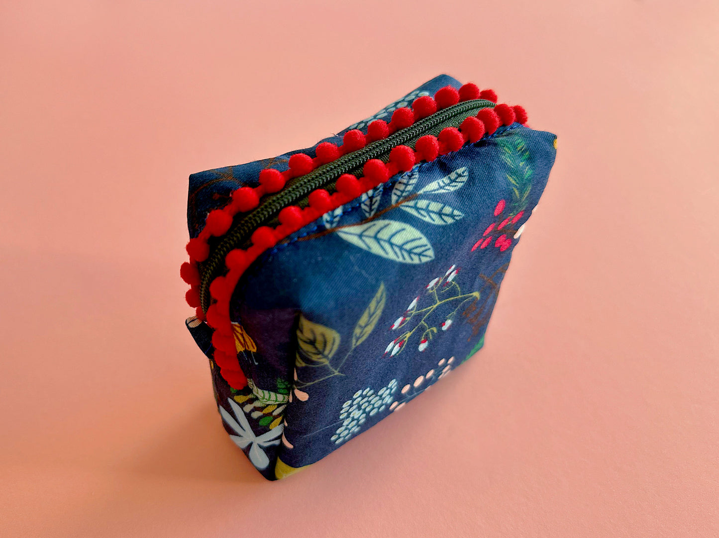 Navy Christmas Floral Pom Pom Zipper Pouch