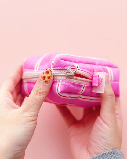 a boxy shape zipper pouch in pink striped fabric with YKK zipper 