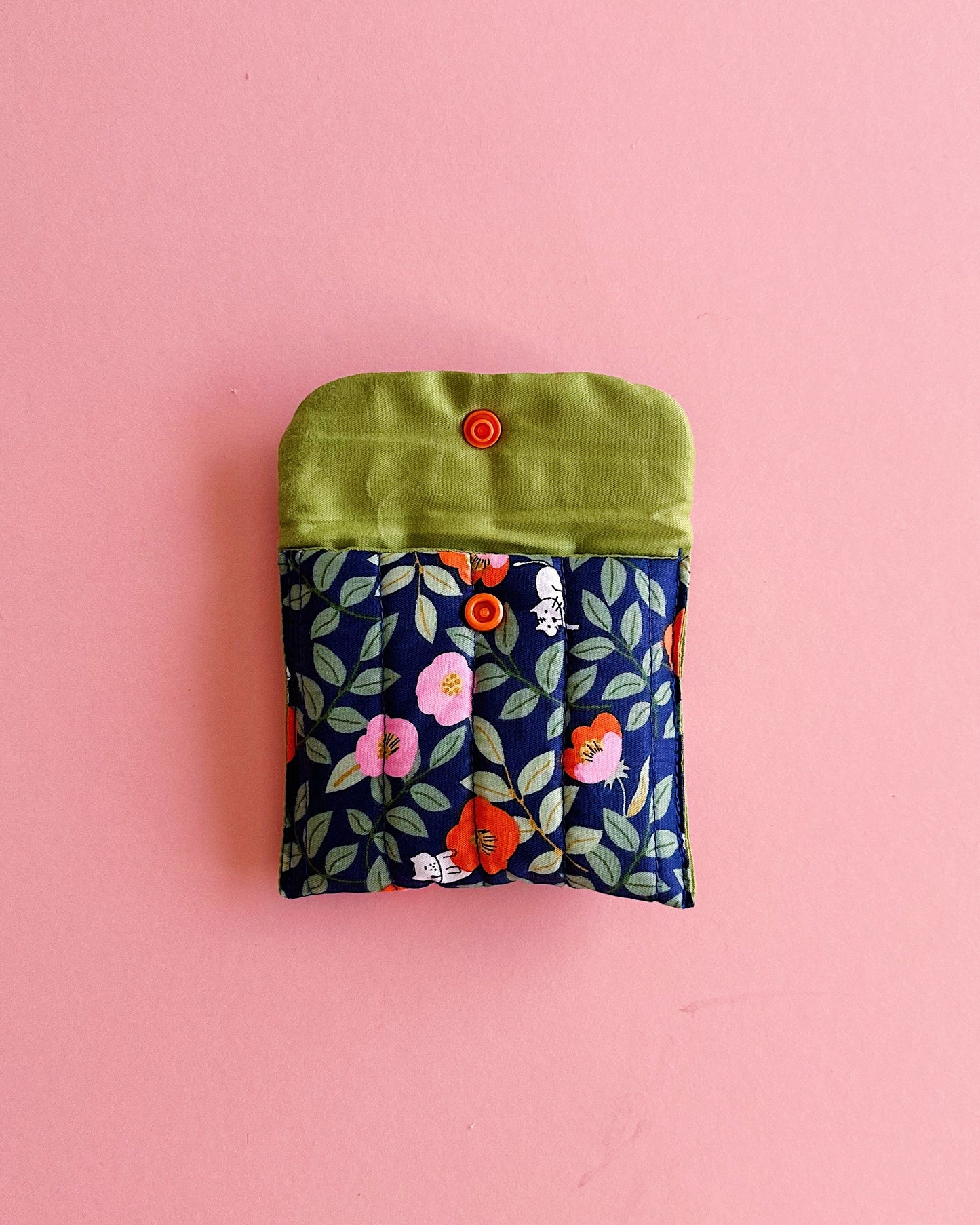 Navy Floral Cat Print Snap Pouch | Soft Quilted Mini Wallet