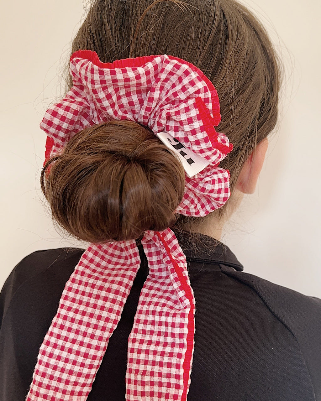 Red Gingham Scrunchies with long tail, 2 Way scrunchie