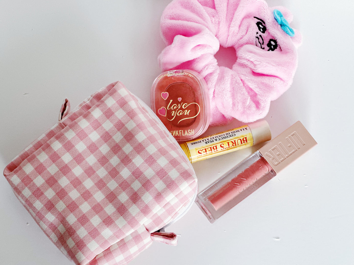 Pink Gingham cube Zipper Pouch | Square make up Bag