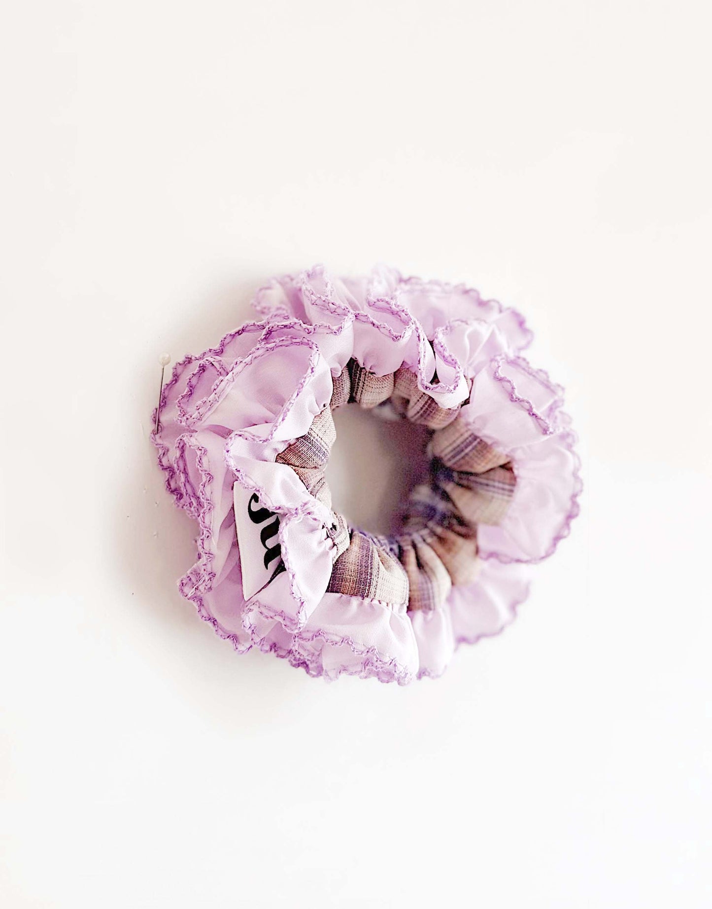 Lavender Frost Gingham Scrunchie – Festive Pastel Hair Tie