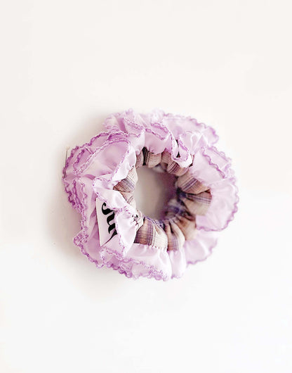 Lavender Frost Gingham Scrunchie – Festive Pastel Hair Tie