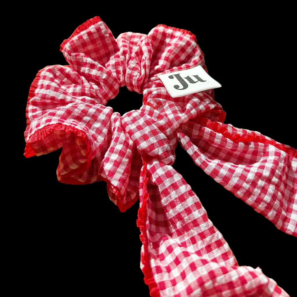 Red Gingham Scrunchies with long tail, 2 Way scrunchie
