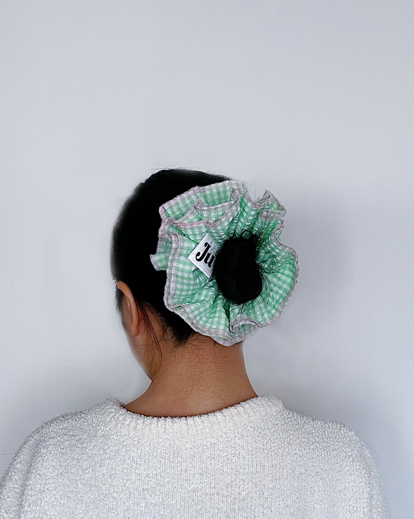 Mint Green Gingham Scrunchie – Ruffle Hair Tie, Cute Aesthetic Hair Accessory