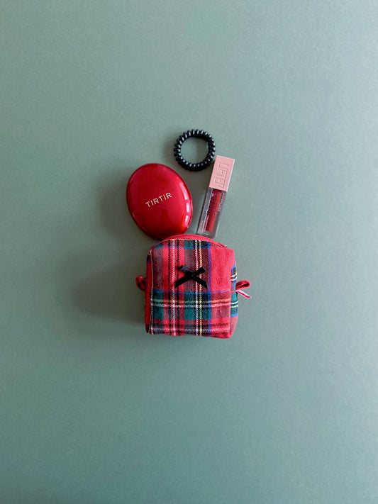 Red tartan large makeup bag with black embroidered lace ruffles and bow, padded Christmas cosmetic pouch.