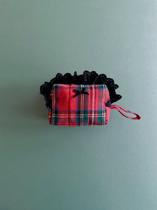 Red Tartan Mini Pouch – Padded Cube Zipper Bag