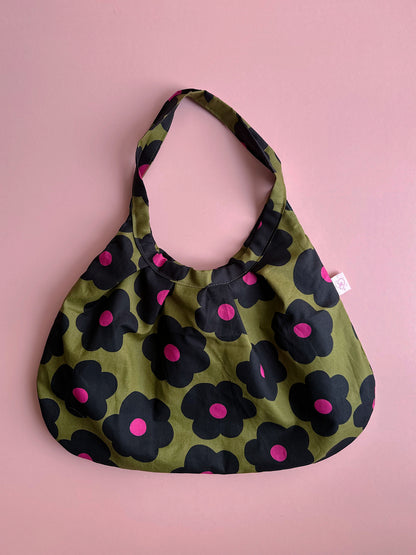 Olive Bloom Dumpling Shoulder Bag – Handmade Floral Cotton Tote