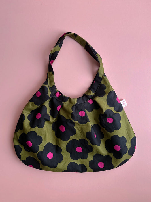Olive Bloom Dumpling Shoulder Bag – Handmade Floral Cotton Tote
