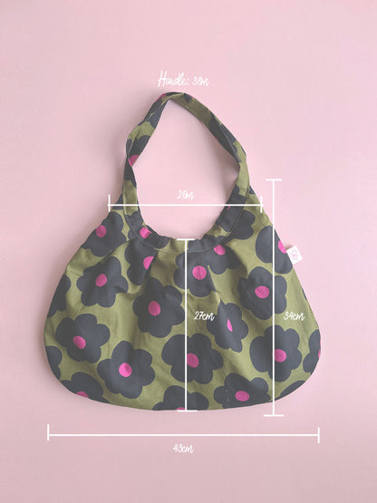 Olive Bloom Dumpling Shoulder Bag – Handmade Floral Cotton Tote