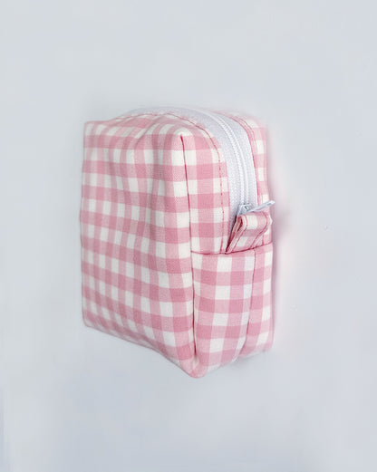 Pink Gingham cube Zipper Pouch | Square make up Bag