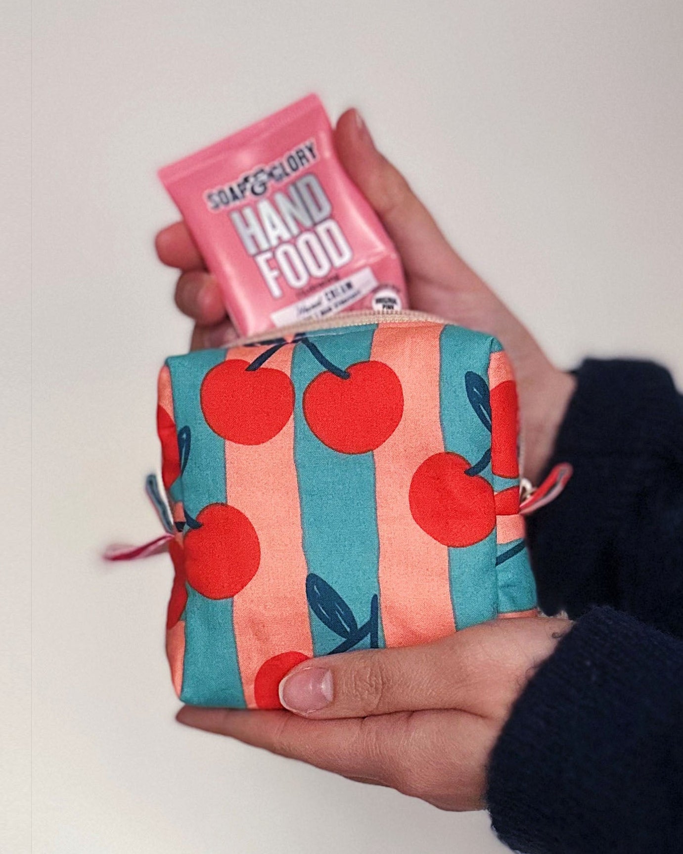 Cherry Print Make Up Pouch | Padded Cube Zipper Bag