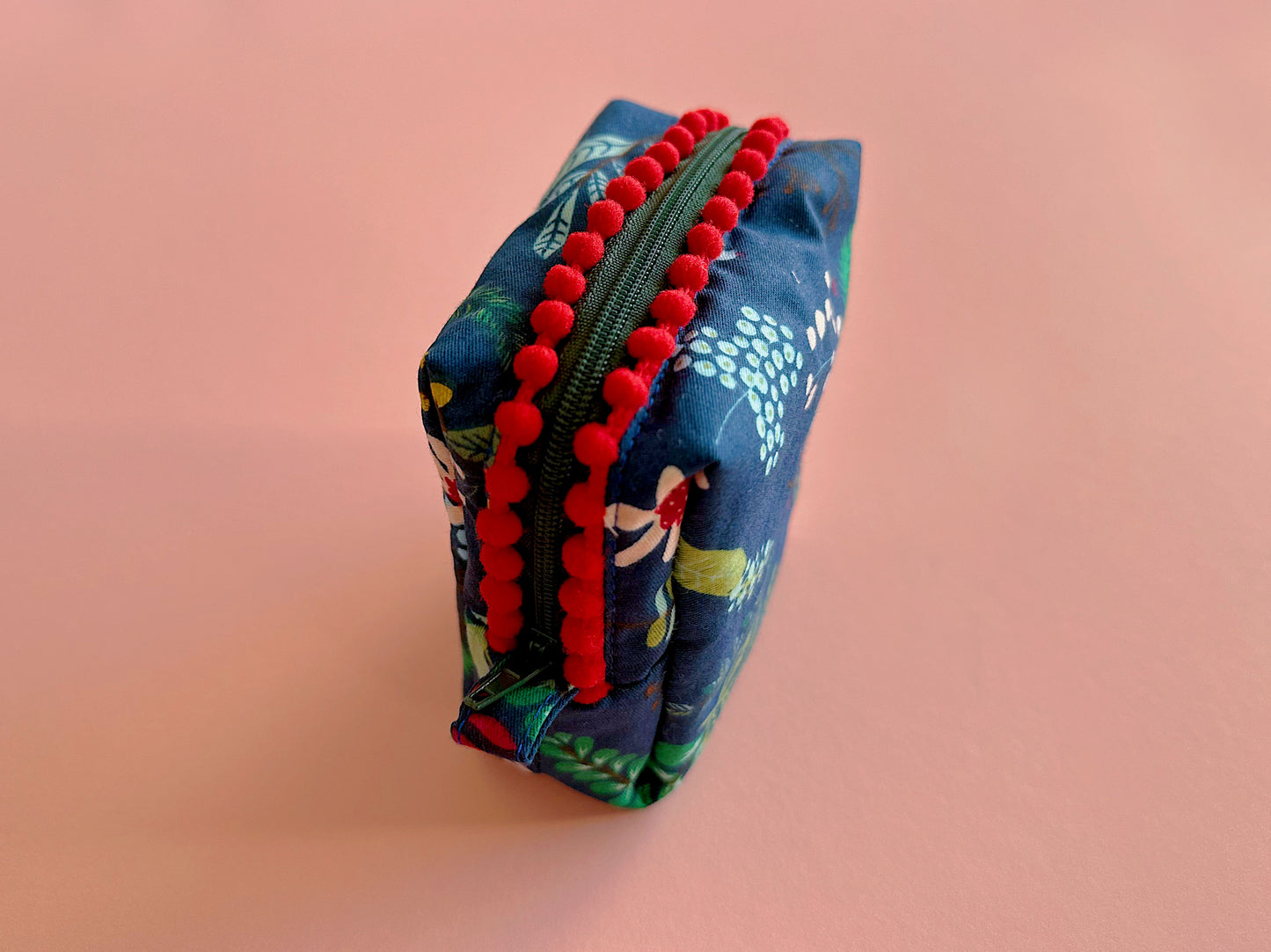 Navy Christmas Floral Pom Pom Zipper Pouch