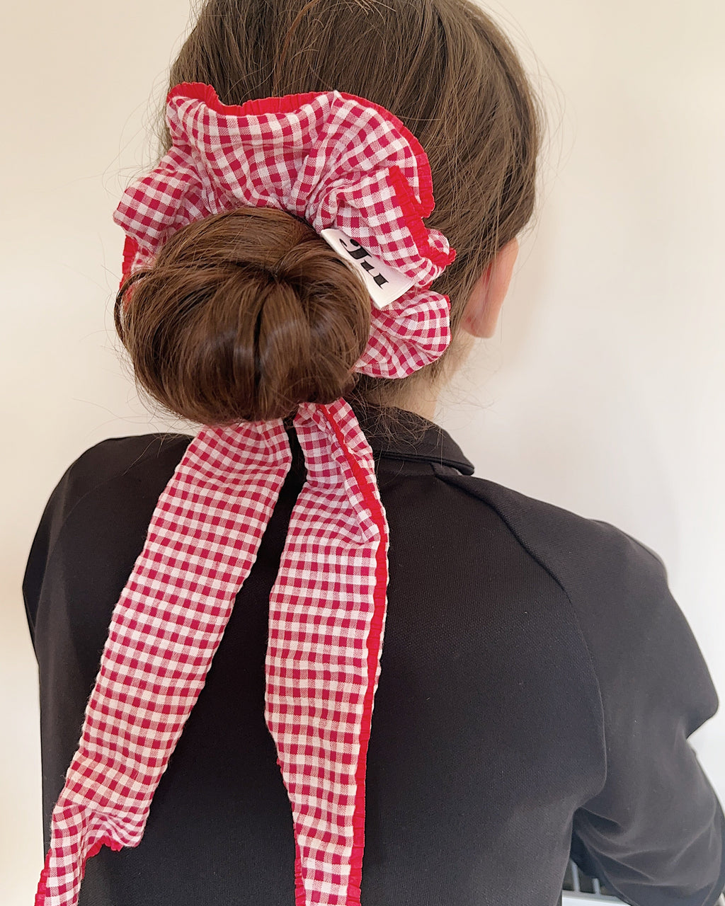 Red Gingham Scrunchies with long tail, 2 Way scrunchie
