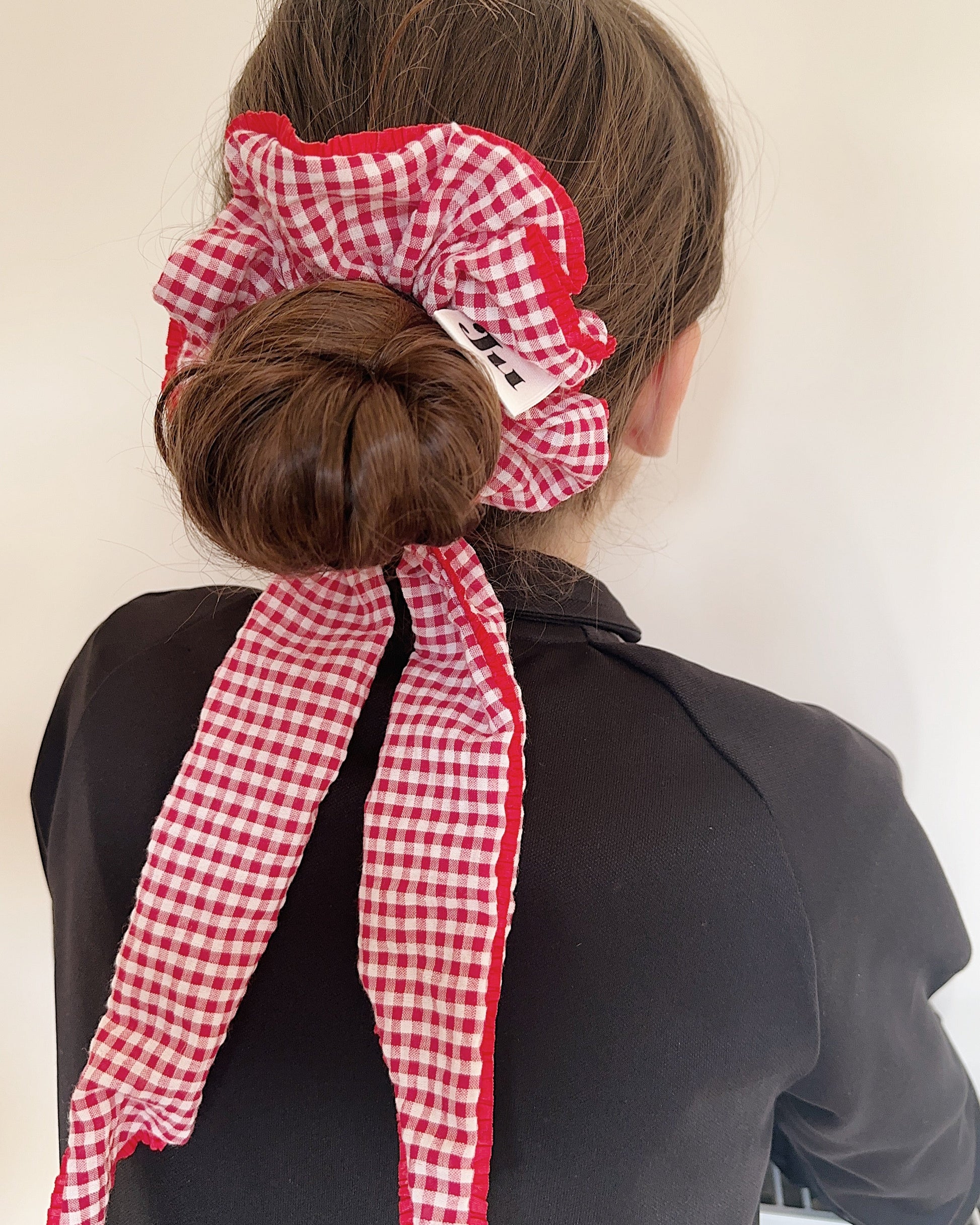 Red Gingham Scrunchies with long tail, 2 Way scrunchie