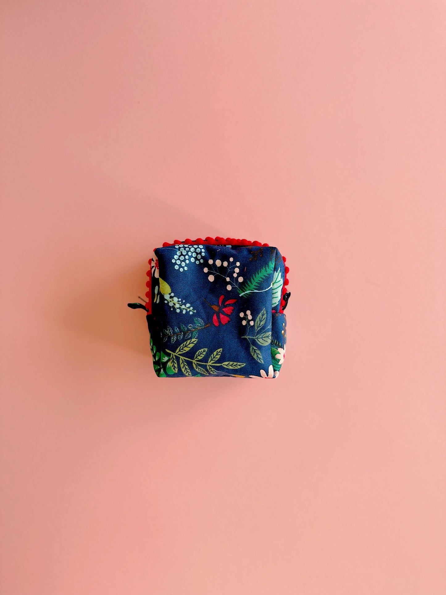 Navy Christmas Floral Pom Pom Zipper Pouch