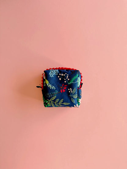 Navy Christmas Floral Pom Pom Zipper Pouch