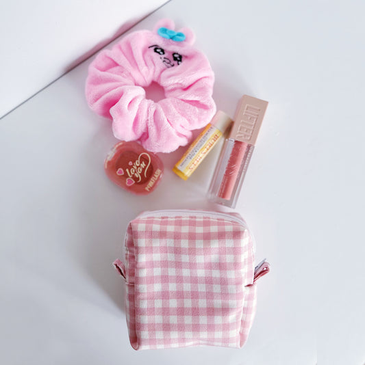 Pink Gingham cube Zipper Pouch | Square make up Bag