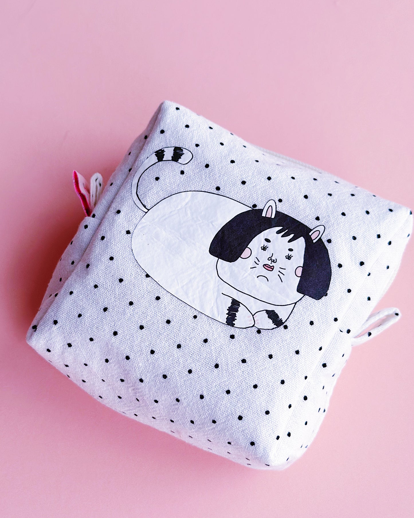 Polka Dot Cat Make Up Pouch | Cute Cotton Small Purse