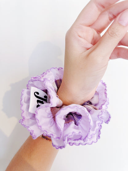 Lavender Frost Gingham Scrunchie – Festive Pastel Hair Tie