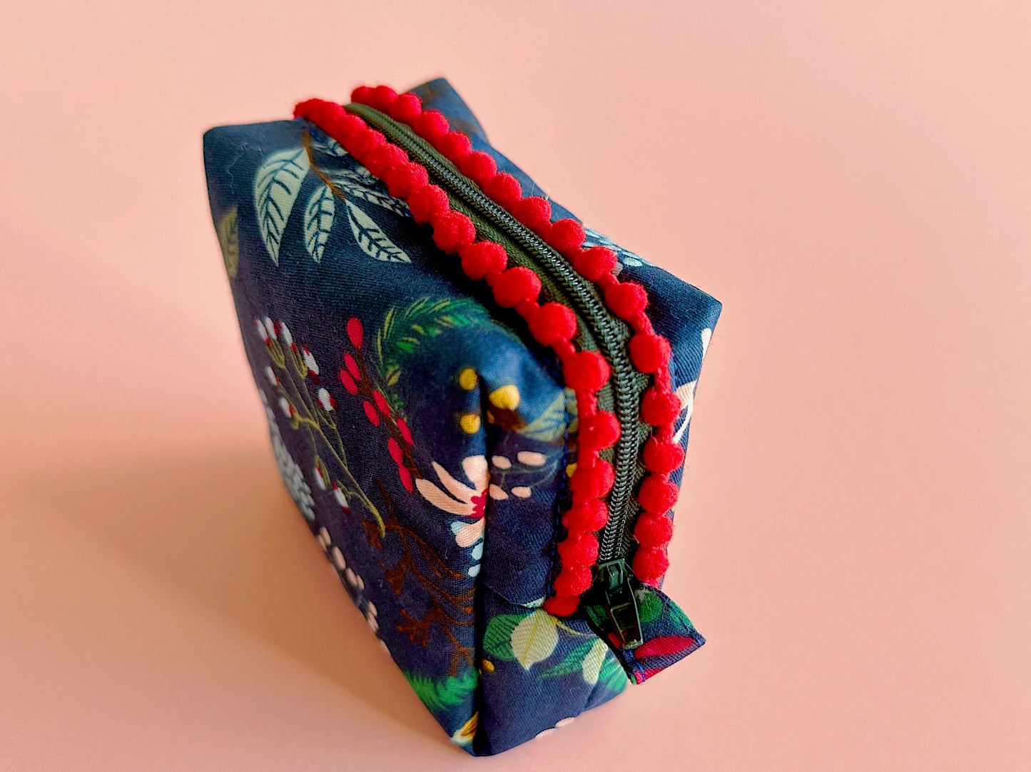 Navy Christmas Floral Pom Pom Zipper Pouch