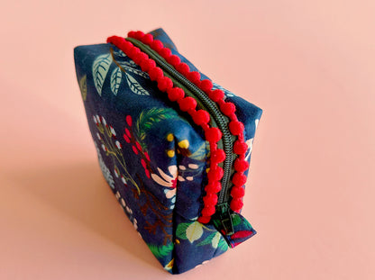 Navy Christmas Floral Pom Pom Zipper Pouch