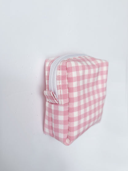 Pink Gingham cube Zipper Pouch | Square make up Bag