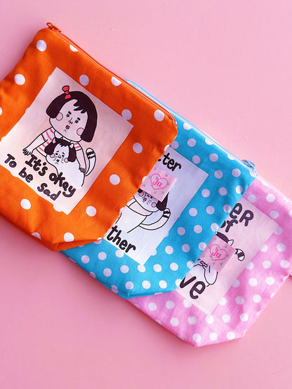 Cute Illustrated Pouch | Zip Polka Dot Cosmetic Bag