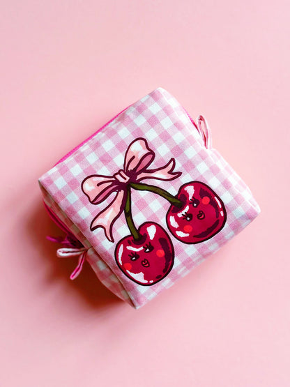 Cherry Dreams Quilted Zipper Pouch – Pink Gingham Edition