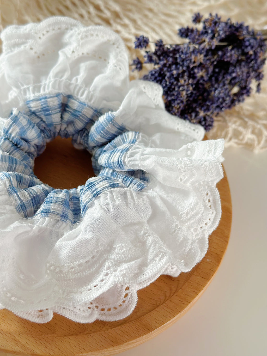 Oversized Blue Gingham Ruffles Scrunchies