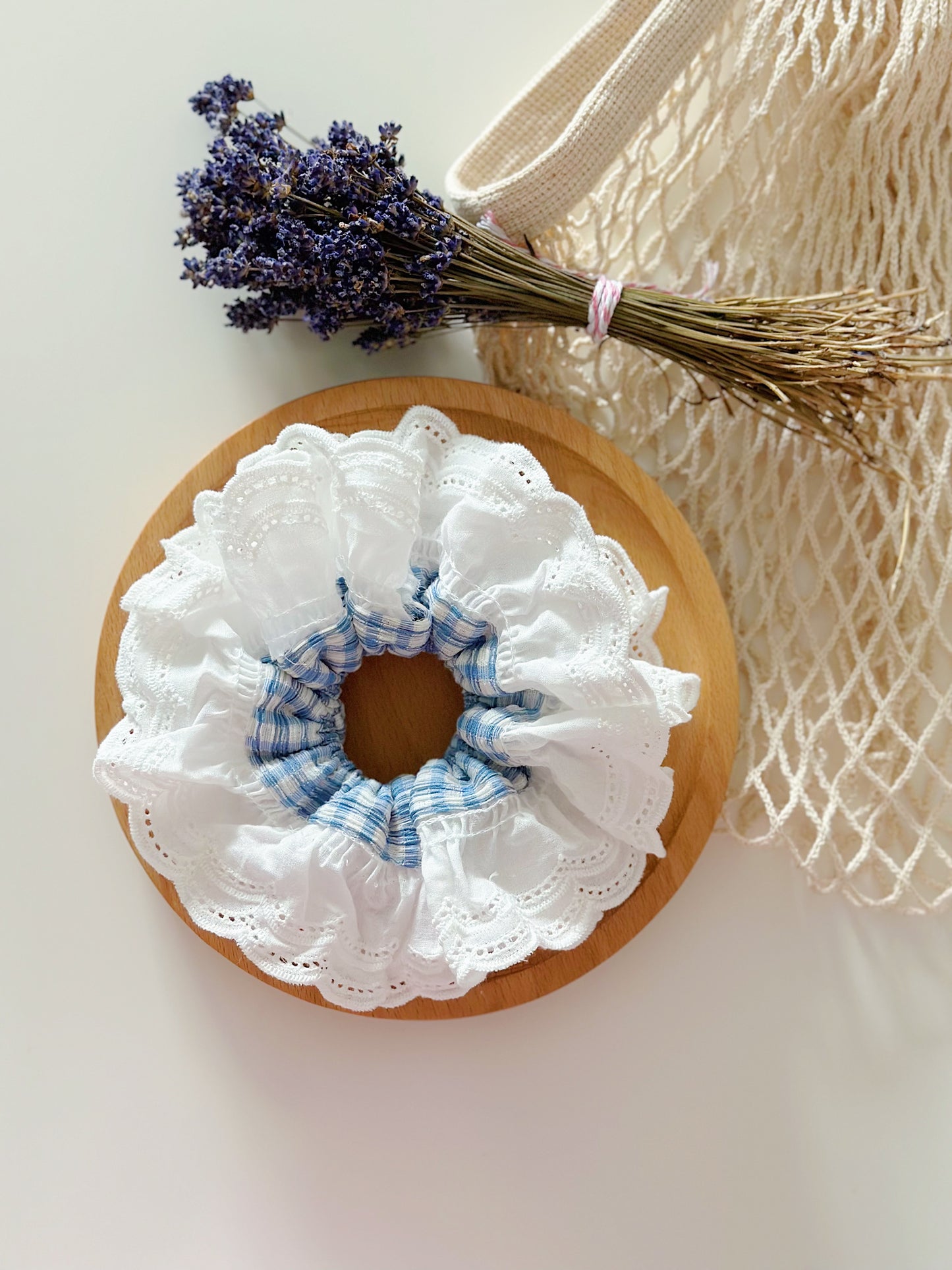 Oversized Blue Gingham Ruffles Scrunchies