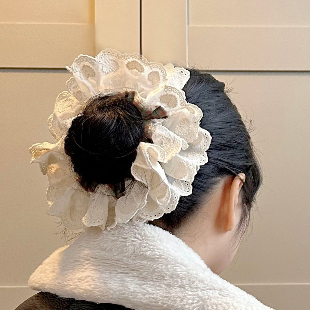 Voluminous White Lace Ruffle Scrunchie with Green & Red Tartan Detail - Classic Holiday Elegance