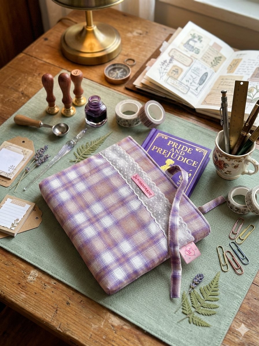 Lavender Plaid Quilted Book Sleeve with Lace & Bow