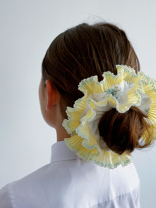 Statement white floral with ruffle pleats Scrunchies