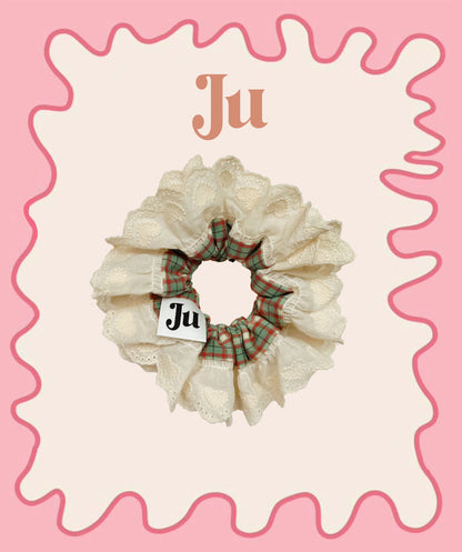 Voluminous White Lace Ruffle Scrunchie with Green & Red Tartan Detail - Classic Holiday Elegance