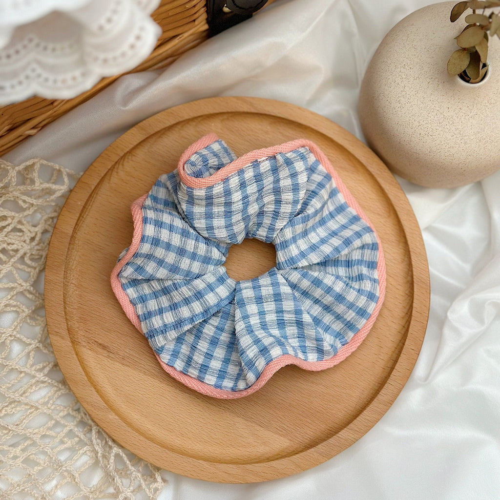 Big Blue Gingham Frill Scrunchies French style Large Scrunchies For Spring Cute Scrunchies Hair Tie Scrunchies gifts for her