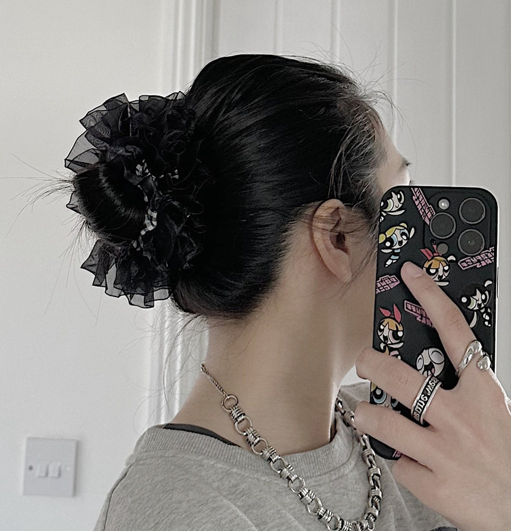 Halloween Scrunchies, Black Frilly Organza Scrunchies, Black Gingham Double layer Scrunchies, Jumbo Ruffles Scrunchies gifts for her