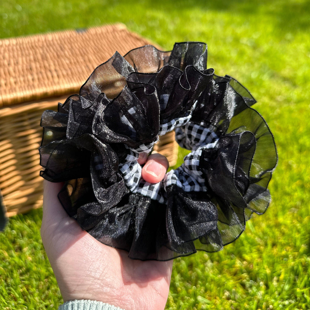 Halloween Scrunchies, Black Frilly Organza Scrunchies, Black Gingham Double layer Scrunchies, Jumbo Ruffles Scrunchies gifts for her