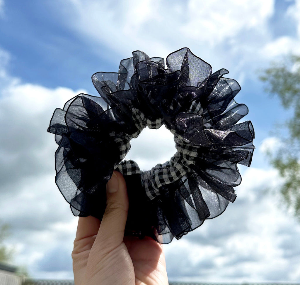 Halloween Scrunchies, Black Frilly Organza Scrunchies, Black Gingham Double layer Scrunchies, Jumbo Ruffles Scrunchies gifts for her