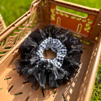 Halloween Scrunchies, Black Frilly Organza Scrunchies, Black Gingham Double layer Scrunchies, Jumbo Ruffles Scrunchies gifts for her